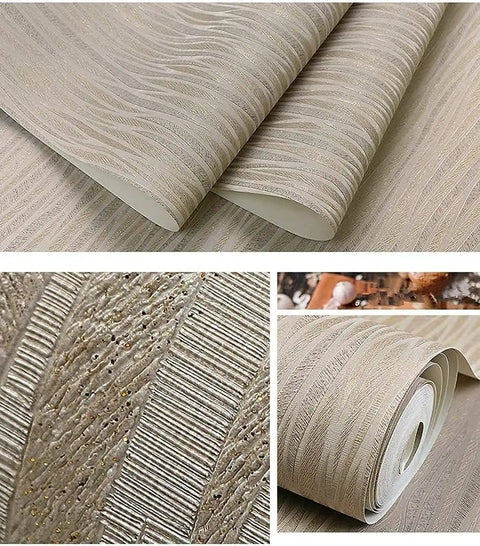 Close-up of Moonlight Forest Glitter Textured Wallpaper with Flocking, taupe khaki gold, extra thick vinyl, roll detail.
