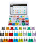 Straight Shooter 120 Piece Blade Fuses Assortment Kit showcasing colorful mini blade fuses in rugged storage case for automotive use.