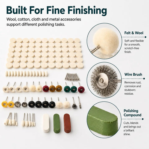 Check out this mega 237-piece Polishing Buffing Wheel Kit Perfect For Watch Jewelry And Metal Work. Comes With Rotary Accessories, Wool Cotton Felt Wheels Plus Extra Buffing Compounds For A Smooth Shine Every Time. Felt, wool, and wire brush accessories.