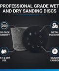 Top Tier 200 Pack Of 5 Inch Silicon Carbide Hook Loop Sanding Discs With 8 Holes For Power Tools, showing 5 inch discs for wet and dry use.