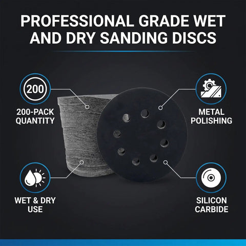 Top Tier 200 Pack Of 5 Inch Silicon Carbide Hook Loop Sanding Discs With 8 Holes For Power Tools, showing 5 inch discs for wet and dry use.
