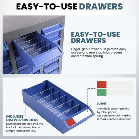 Tough As Nails 40 Drawer Parts Cabinet Organizer With Metal Frame And ABS Drawers For Nut And Bolt Hardware Storage Great For Workshop Garage And Home DIY Projects, showing blue ABS drawer and dividers with label area.