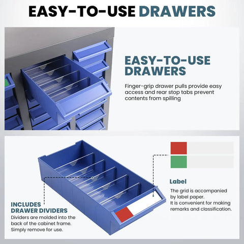 Heavy Duty 40 Drawer Parts Cabinet With ABS Drawers And Metal Frame showing easy-to-use dividers and label for organization.