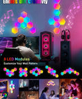 Hexagon LED Light Panels 8 Pack With App Control And Remote for creative RGB wall lighting in bedroom and gaming decor.