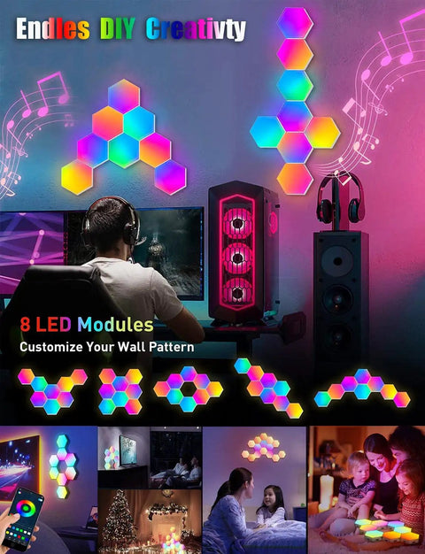 Hexagon LED Light Panels 8 Pack With App Control And Remote for creative RGB wall lighting in bedroom and gaming decor.