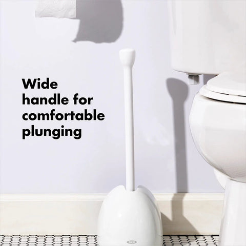 Hassle Free Toilet Plunger With Drip Proof Cover For Zero Mess And Easy Under Sink Storage Features A Wide Flat Handle Delivers Serious Power To Blast Stubborn Clogs Built For Daily Use, shown with wide handle for comfort.