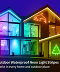 Modern house lit with color-changing 15ft LED neon strip lights with remote and app control for indoor and outdoor decor