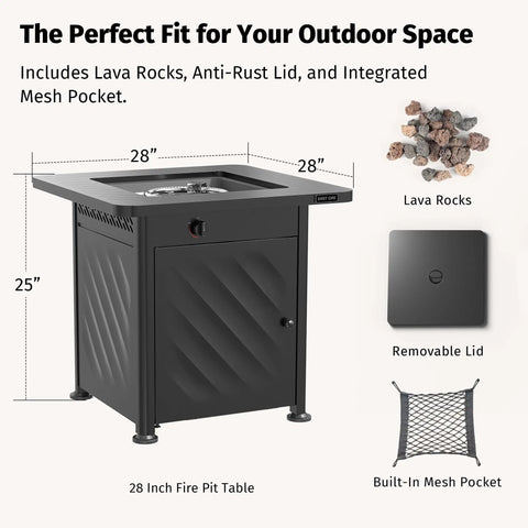 Powerful 52,000 BTU Outdoor Propane Fire Pit Table with removable lid, mesh pocket, and lava rocks, CSA certified, 28-inch.