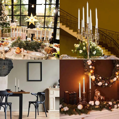 LED Taper Candles With Remote Control, Rechargeable Amber Glow displayed in diverse home and party settings with decorative accents.