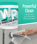 Close-up of Bleach-Free Lemon Scent Disinfecting Surface Wipes Canister, 240 Count, being used to clean a door handle.