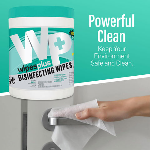 Close-up of Bleach-Free Lemon Scent Disinfecting Surface Wipes Canister, 240 Count, being used to clean a door handle.