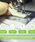 Close-up of a sewing machine foot using the Six Piece Hump Jumper Sewing Tool Kit for Thick Hems and Denim, Seam Presser Foot, Bodkin and Button Accessories, Pro Grade Set Compatible With Brother Janome Singer Husqvarna Sewing Machines.