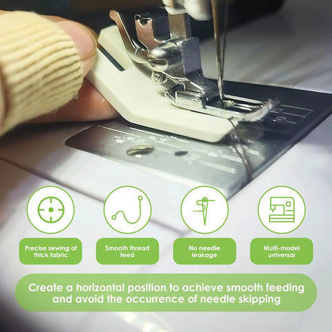 Close-up of a sewing machine foot using the Six Piece Hump Jumper Sewing Tool Kit for Thick Hems and Denim, Seam Presser Foot, Bodkin and Button Accessories, Pro Grade Set Compatible With Brother Janome Singer Husqvarna Sewing Machines.