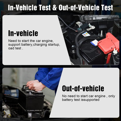 Car Battery Tester With Printer For 6V 12V And 24V Systems, A Handy Load Tester For Everyday Drivers That Quickly Checks Cranking Current, Internal Resistance, Battery Health And Overall Life, With Real Printouts. in-vehicle and out-of-vehicle battery test