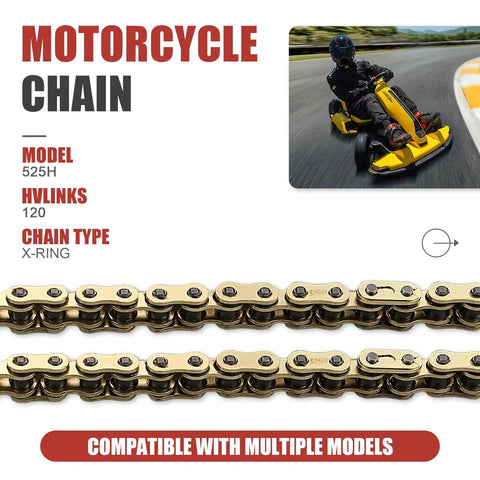 525 X Ring Motorcycle Chain 120 Links With Master Link 525H Heavy Duty Gold Drive Chain for multiple models image.