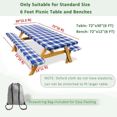 Picnic Table Cover With Bench Covers Set Includes 1 Table Cover And 2 Bench Covers 72 Inch Navy Blue Outdoor Tablecloth Waterproof And Windproof The Must Have Camping Gear For Picnics RV Or Camper With Drawstring Storage Bag, shown fitted on a standard 6-foot picnic table with benches.
