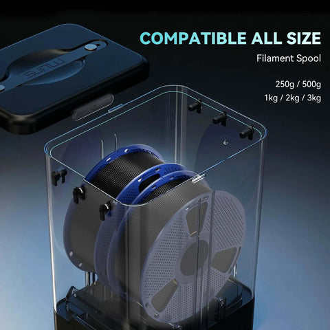3Kg Filament Dryer SP2 with Storage Box holding various spool sizes compatible with 1.75mm and 2.85mm filaments.
