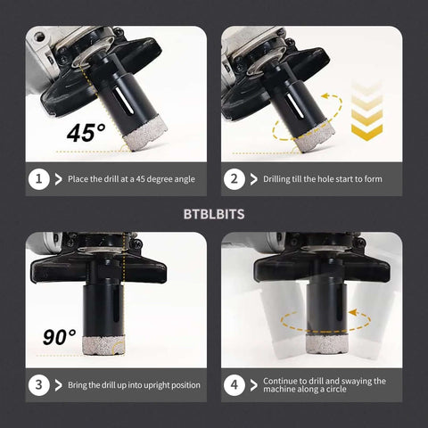 BTBLBITS dry diamond core tile drill bit with 1-1/2 in hole saw and 3/8 in hex shank, shown in four step diagrams.