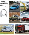 Image showing the Heavy Duty Universal 2.5 Inch Exhaust Clamp with Hanger and vehicles like cars, trucks, SUV, RV, and excavator.