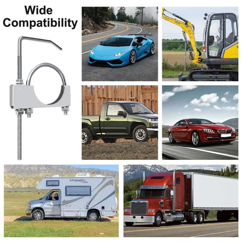 Image showing the Heavy Duty Universal 2.5 Inch Exhaust Clamp with Hanger and vehicles like cars, trucks, SUV, RV, and excavator.
