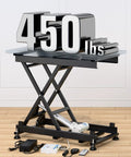 DIHOOL electric scissor lift table front view with black steel frame, glass top, 440 lb capacity; remote & power pack visible.