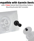 Rugged Aluminum Ball Head Mount Adapter with 17mm Sizing, shown with Garmin device compatibility, 1/4-20 female thread
