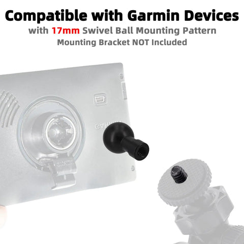 Rugged Aluminum Ball Head Mount Adapter with 17mm Sizing, shown with Garmin device compatibility, 1/4-20 female thread