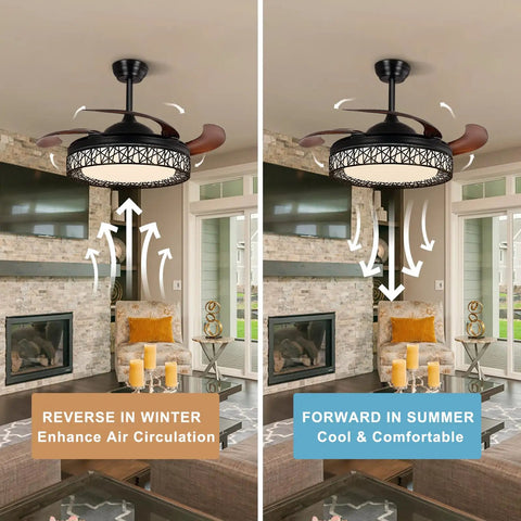 Dope 42 Inch Retractable Ceiling Fan With Lights Remote App Control Dimmable LED DC Motor in living room, dual airflow mode