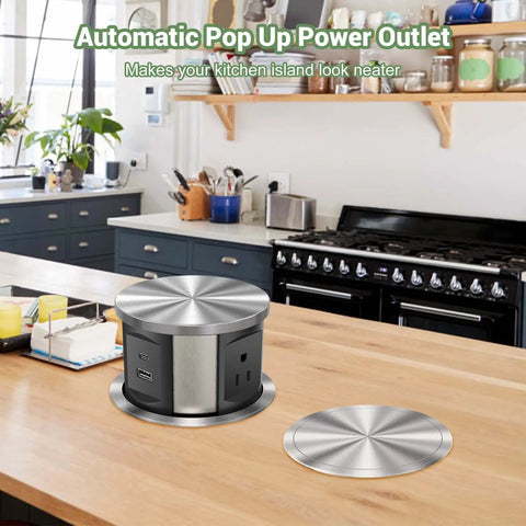 Pop Up Power Outlet Station With 3 AC Plugs And USB A Plus USB C on kitchen countertop, stainless steel, recessed ETL listed.