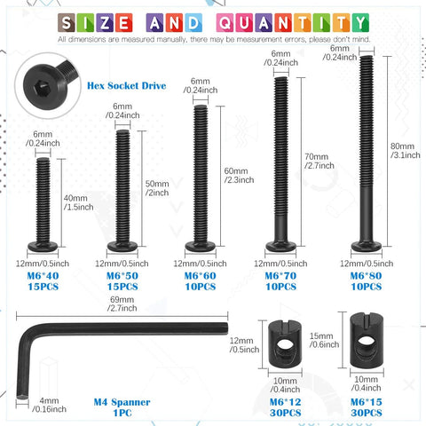 All In One M6 Hex Socket Cap Bolts And Barrel Nuts Kit 120 Pcs Black Finish sizes with wrench shown, for furniture assembly.