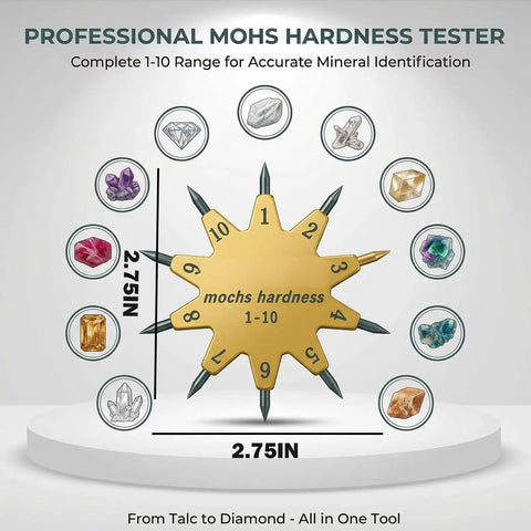 Mohs Hardness Test Kit With One To Ten Range And Ten Pointed Star Picks For Quick Pro Grade Mineral And Gem ID In Geology Jewelry Rocks Jade And Education, 2.75in