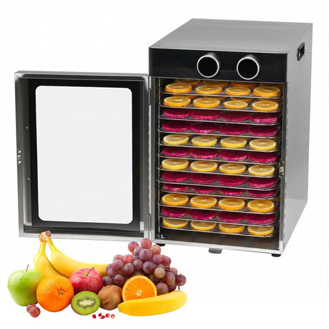 Slay The Preserving Game With This Rock Solid Electric Food Dehydrator featuring twelve stainless trays filled with drying fruits.
