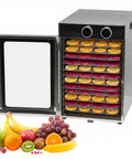 Rock Solid 12 Tray Electric Food Dehydrator With Stainless Steel Trays And 1200W Power for making dried fruit, featuring colorful sliced fruits.