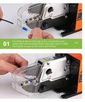 Hands demonstrating how to replace wrench jaw mold on Industrial Grade Electric Dynamic Crimping Machine Featuring Slick Automatic Cold Press Terminal Pliers.
