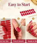 Steps for applying Semi Cured Gel Nail Strips Kit: Pick size, press, smooth for long lasting salon quality red nails.
