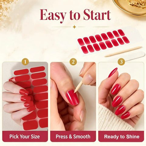 Steps for applying Semi Cured Gel Nail Strips Kit: Pick size, press, smooth for long lasting salon quality red nails.