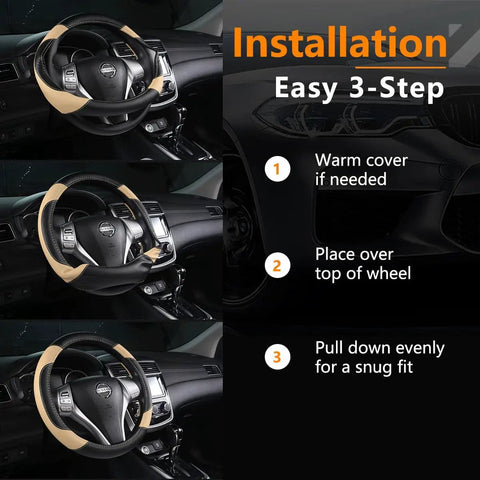 Installation steps for Top Shelf Leather Steering Wheel Cover Universal For Almost Every Ride Easy Swap Non Slip Beige Auto Accessory.