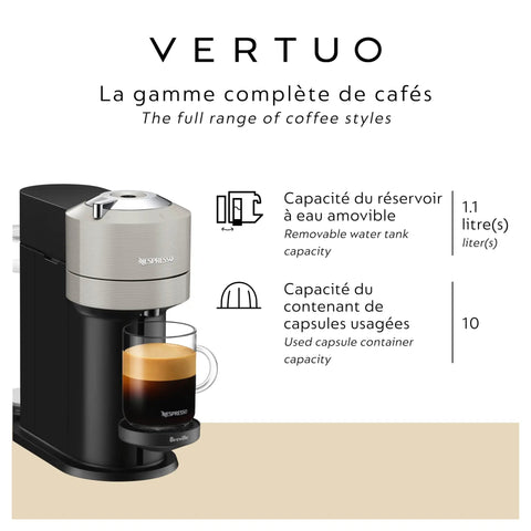 Front view of Vertuo Next Single Serve Coffee And Espresso Maker With Aeroccino Milk Frother For Quick 25 Second Heat Up And Auto Shut Off Easy One Touch Brew For Coffee Or Espresso At Home showcasing removable water tank.