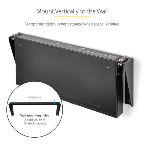 Rock Solid 1U Vertical Wall Mount Patch Panel Rack Bracket showing 16 inch wall-mounting holes for easy installation.