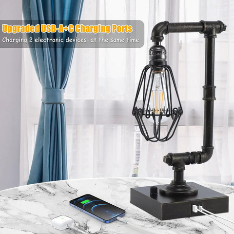 Dope Steampunk Table Lamp With USB Ports, Industrial Desk Lamp In Bronze Metal Finish on marble surface with charging devices