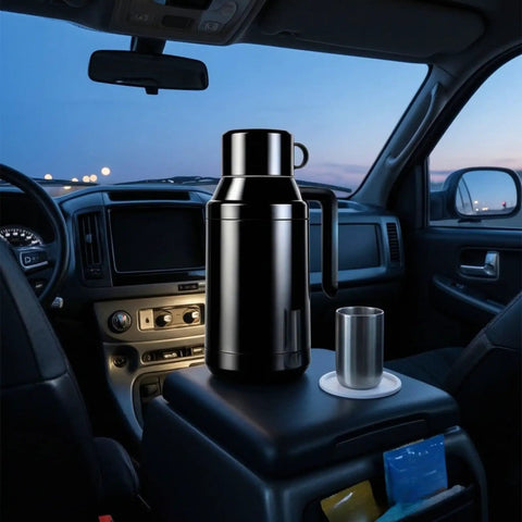 Road Ready Stainless Steel 12V And 24V Car Water Heater Plugs Right Into Cigarette Lighter with cup in car interior.