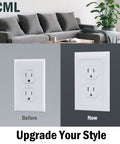 Beadboard Wall Plate 1-Gang 20 Pack Vintage Duplex Outlet Covers White Wood Grain Retro Switch Plates Standard Size 3.15 By 4.87 Inches Impact Resistant Polycarbonate Durable For High Traffic comparison with before and after installation shown against gray wall in living room setting with sofa and green plant.