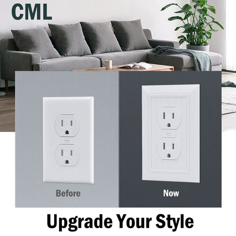 Beadboard Wall Plate 1-Gang 20 Pack Vintage Duplex Outlet Covers White Wood Grain Retro Switch Plates Standard Size 3.15 By 4.87 Inches Impact Resistant Polycarbonate Durable For High Traffic comparison with before and after installation shown against gray wall in living room setting with sofa and green plant.