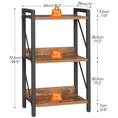 Rock Solid 3 Tier Industrial Bookshelf Featuring Dark Wood Grain Shelves, Slim Metal Frame Storage Rack dimensions and weight capacity.