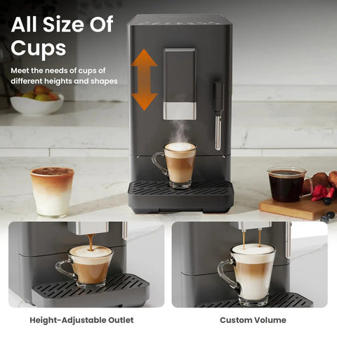 Hella Smooth 20 Bar Automatic Espresso Machine Featuring Built In Grinder And One Touch Brew, adjustable outlet for various cup sizes.