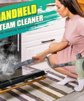 Hella Efficient Handheld Pressurized Steam Cleaner With Auto Spray Mode And 13 Piece Kit actively cleaning an oven door.