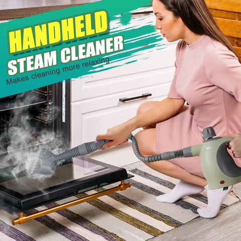 Hella Efficient Handheld Pressurized Steam Cleaner With Auto Spray Mode And 13 Piece Kit actively cleaning an oven door.