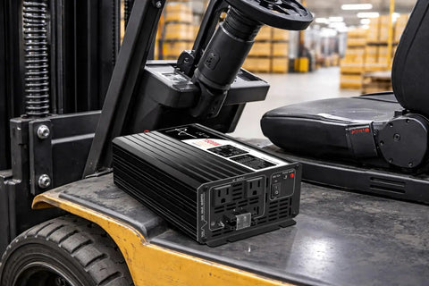 Heavy Duty 1500W Power Inverter 72V To 120V Pure Sine Wave for Golf Cart and EV Systems positioned on a forklift.