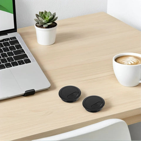 Dope 20Pc Black Desk Cable Wire Grommet Kit For Office And Home That Slaps Hard With Simple Installation To Keep Your Cables Organized And Outta Sight While Rocking A Tough Abs Plastic Round Hole Cover Design on light wood desk