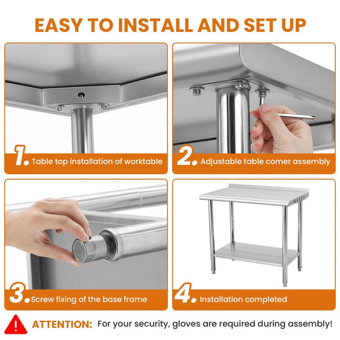 Installation steps for a 36 By 24 Inch NSF Stainless Steel Prep Table With Hooks And Three Stage Adjustable Shelf